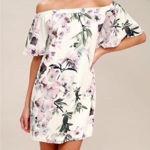 Ivory floral print off the shoulder dress. Size S with tags. Never worn